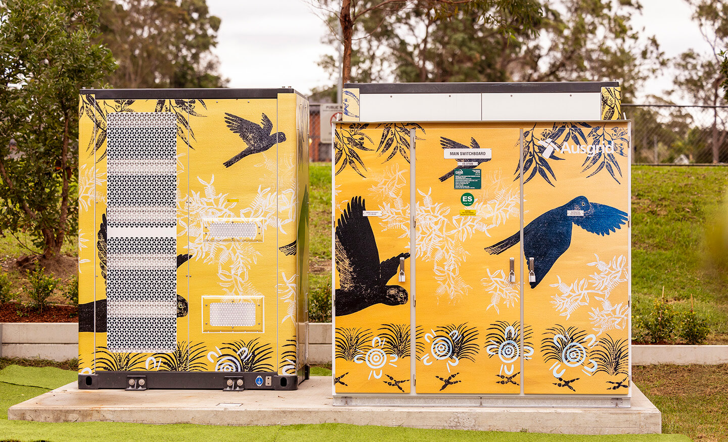Ausgrid community battery. The artwork on the Ausgrid North Epping battery is by Leanne “Mulgo” Watson Redpath and titled Garad Flying