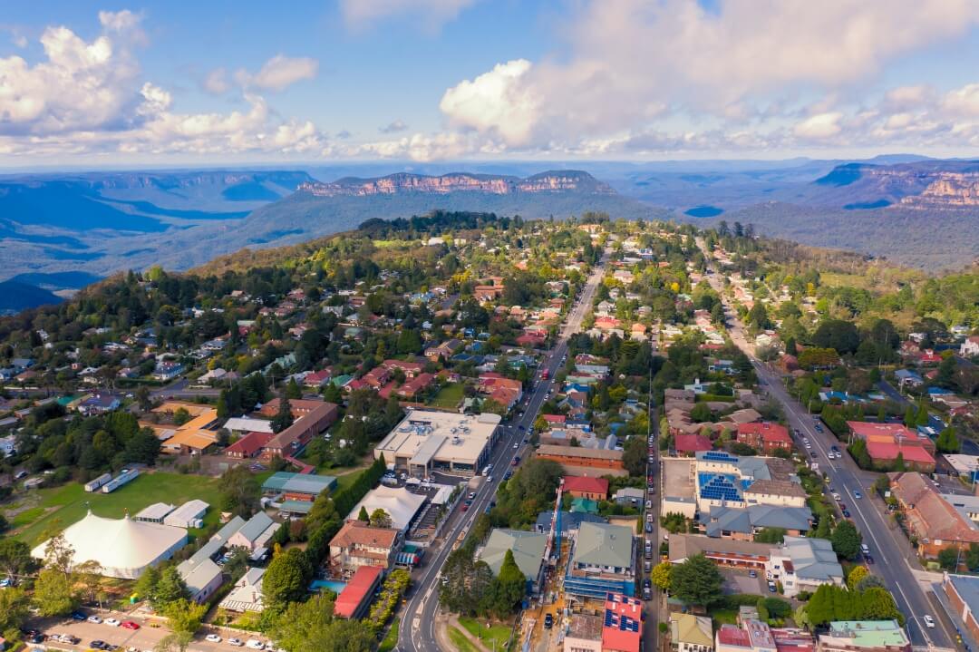 Aerial image of a suburban neighbourhood in a mountain range
